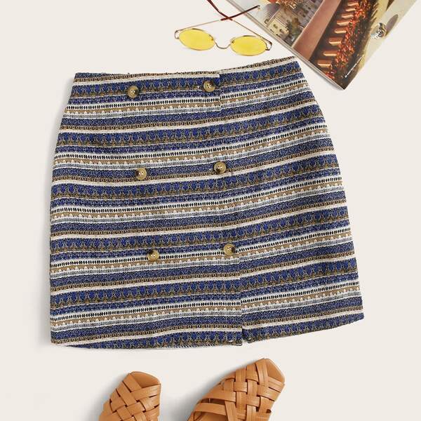 

Tribal Pattern Button Front Skirt, Multicolor