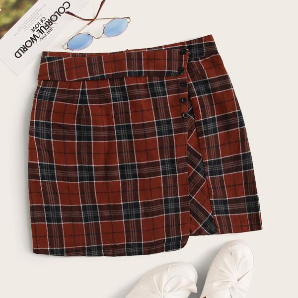 

Plaid Button Front Zip Back Skirt, Multicolor