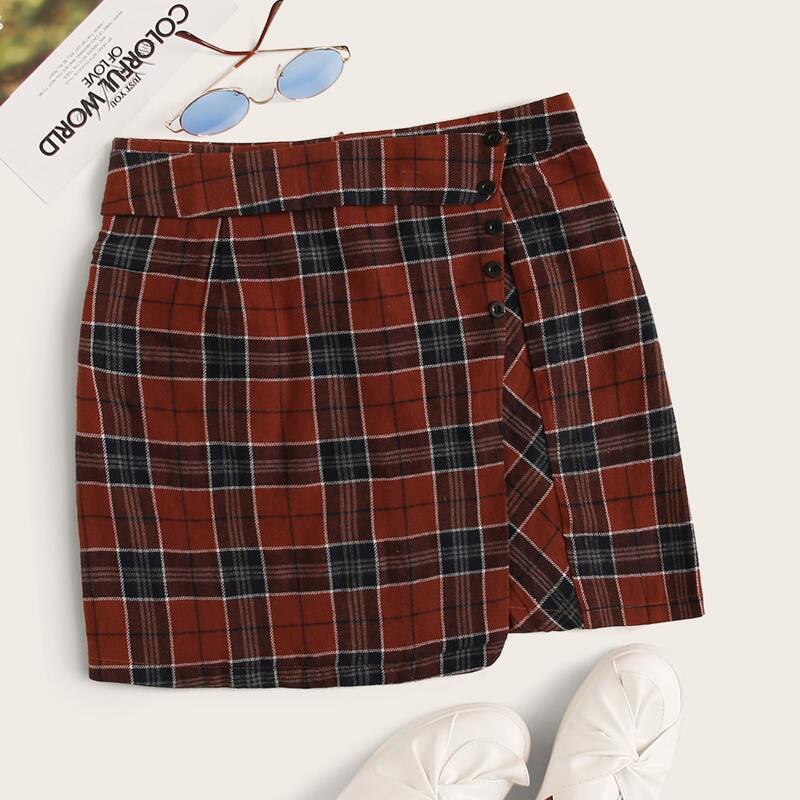 

Plaid Button Front Zip Back Skirt, Multicolor