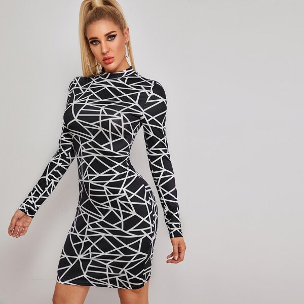 

Mock-neck Geo Bodycon Dress, Black and white