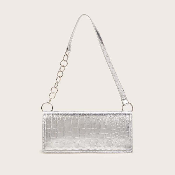 

Metallic Croc Embossed Baguette Bag, Silver