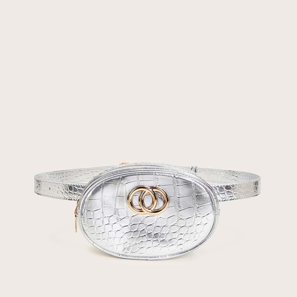 

Metal Ring Decor Croc Embossed Fanny Pack, Silver