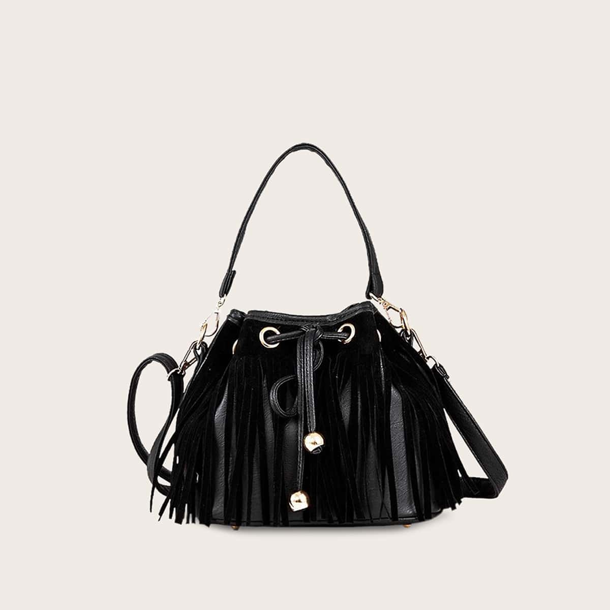 

Fringe Decor Bucket Bag With Drawstring, Black