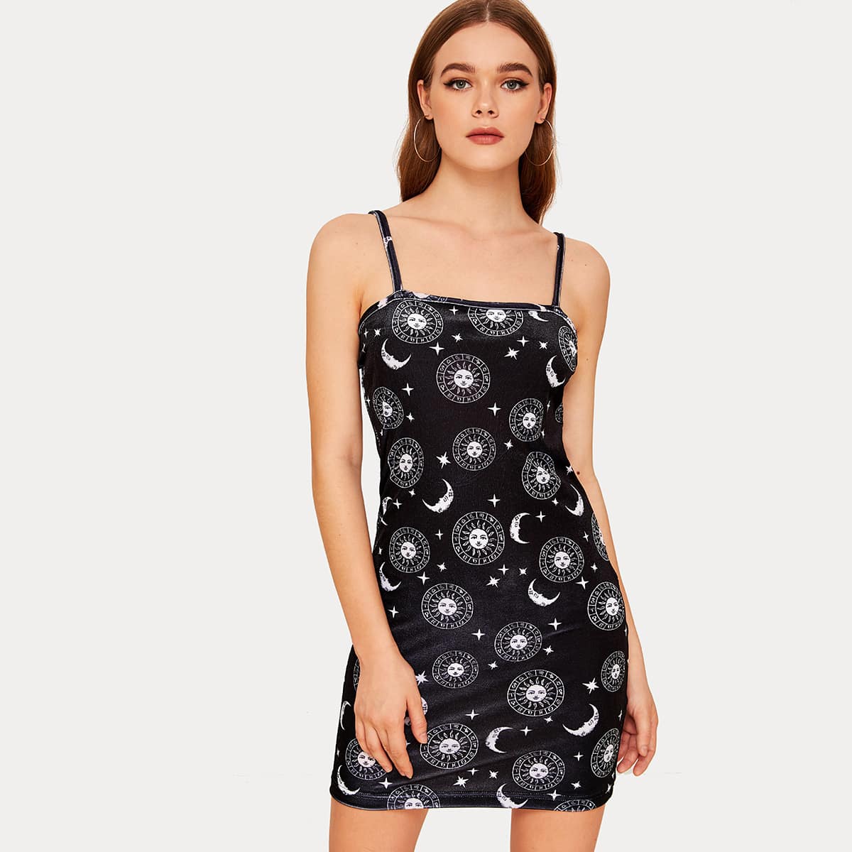 

Sun Moon And Star Print Velvet Cami Dress, Black