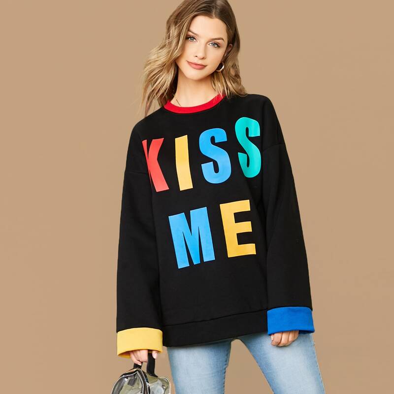 

Drop Shoulder Colorful Slogan Graphic Pullover, Black