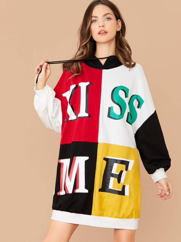 

Colorblock Slogan Graphic Hooded Sweatshirt Dress, Multicolor, Zorana