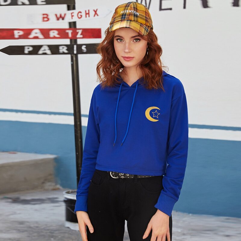 

Geo Print Crop Hooded Sweatshirt, Blue