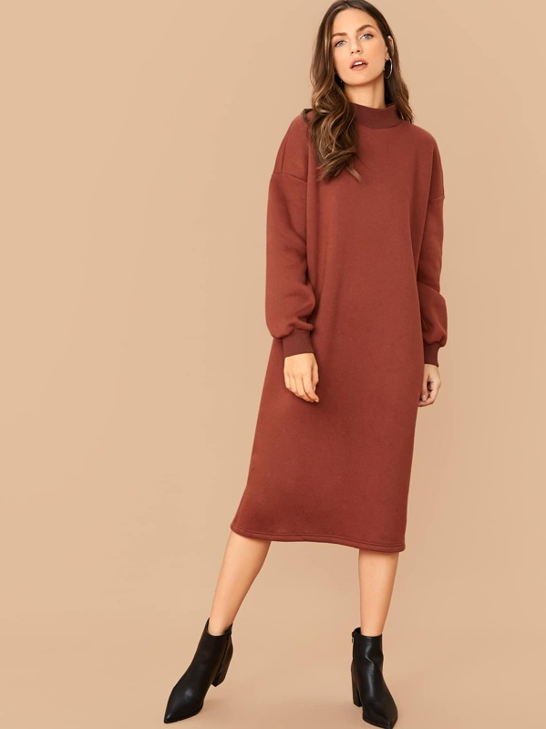 

Mock Neck Drop Shoulder Solid Sweatshirt Dress, Brown, Zorana