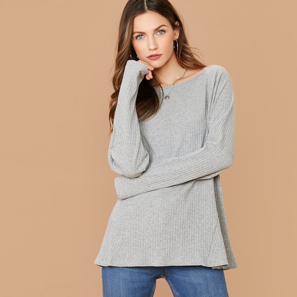 

Rib-knit Solid Tee, Grey