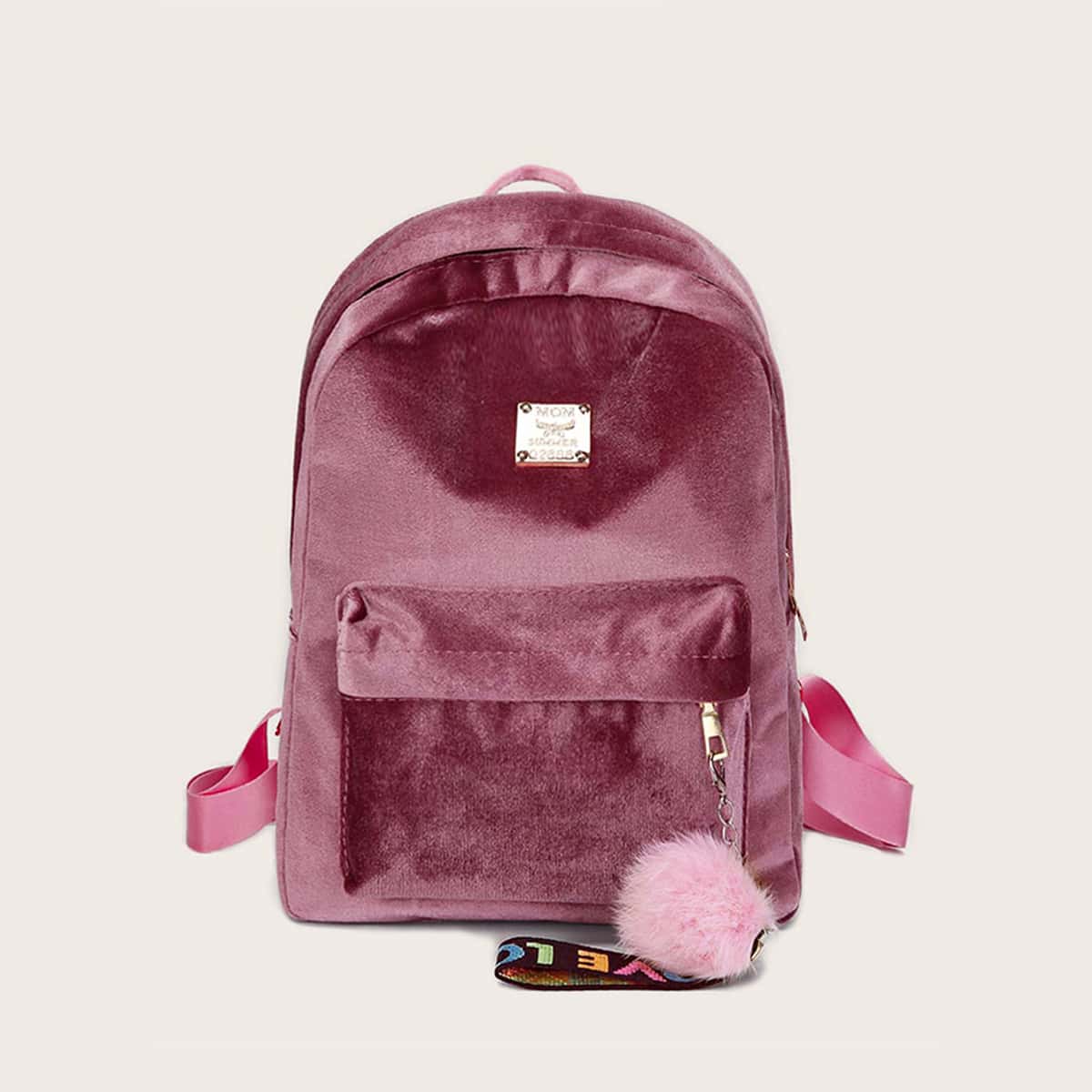 

Pom Pom Decor Velvet Backpack, Purple