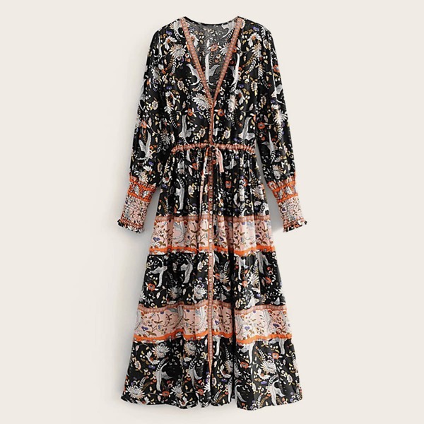 

Drawstring Floral & Crane Print A-Line Dress, Multicolor