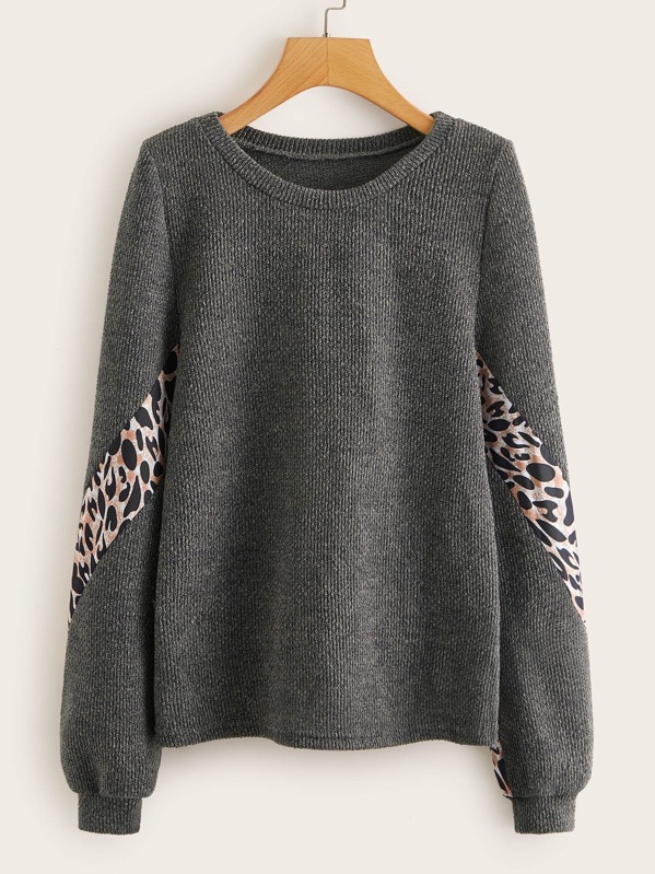 

Leopard Panel Ribbed Knit Jumper, Grey