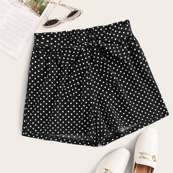 

Polka Dot Belted Wide Leg Shorts, Black