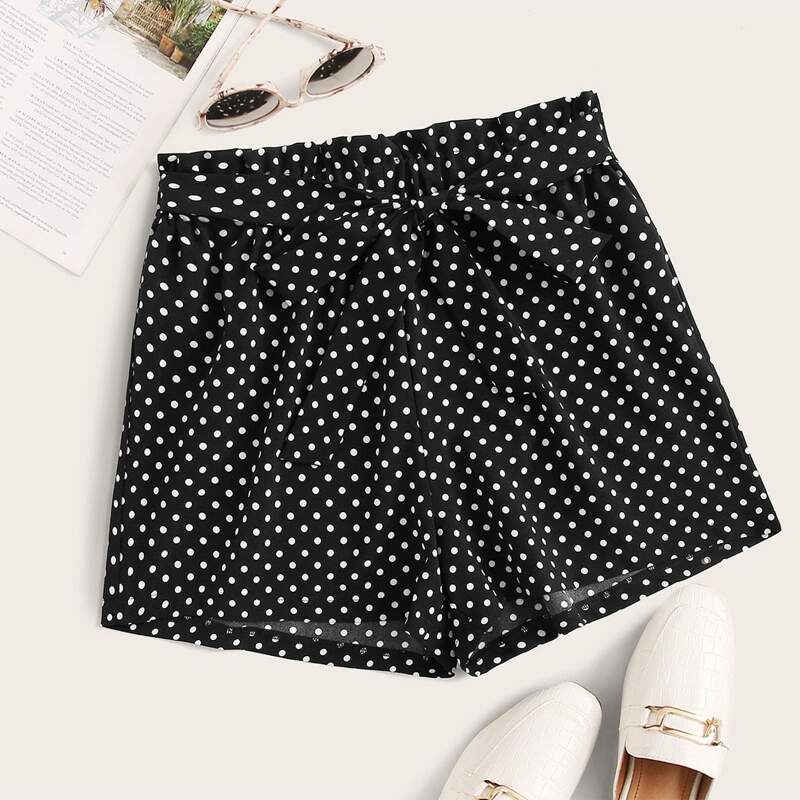 

Polka Dot Belted Wide Leg Shorts, Black