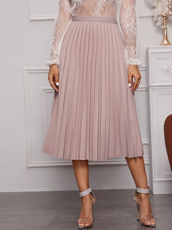 

Solid Elastic Waist Pleated Skirt, Pink, Tina