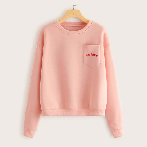 

Letter Graphic Pocket Front Crew Neck Sweatshirt, Pink