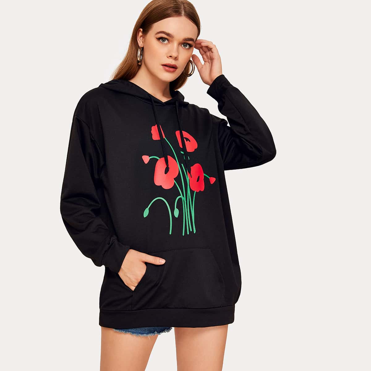 

Floral Print Kangaroo Pocket Drawstring Hoodie, Black