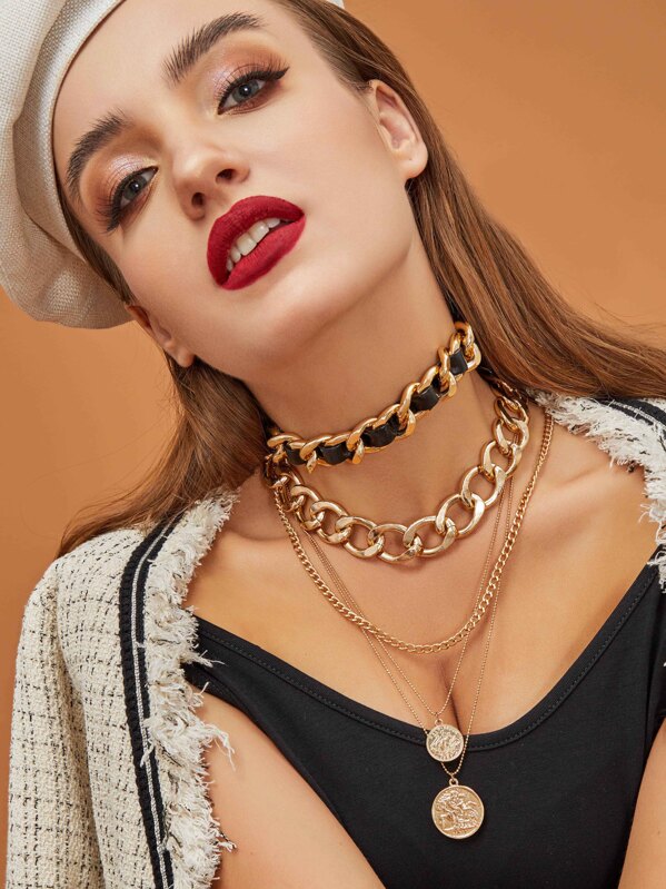 

2pcs Coin Pendant Layered Necklace & 1pc Chain Choker, Multicolor