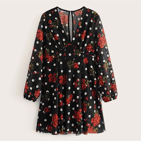 

Polka Dot And Flora Print Smock Dress, Multicolor