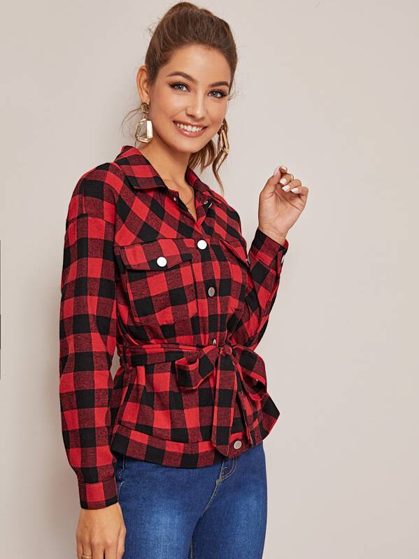 

Gingham Self Tie Button Up Jacket, Multicolor, Debi