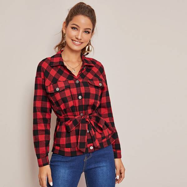 

Gingham Self Tie Button Up Jacket, Multicolor