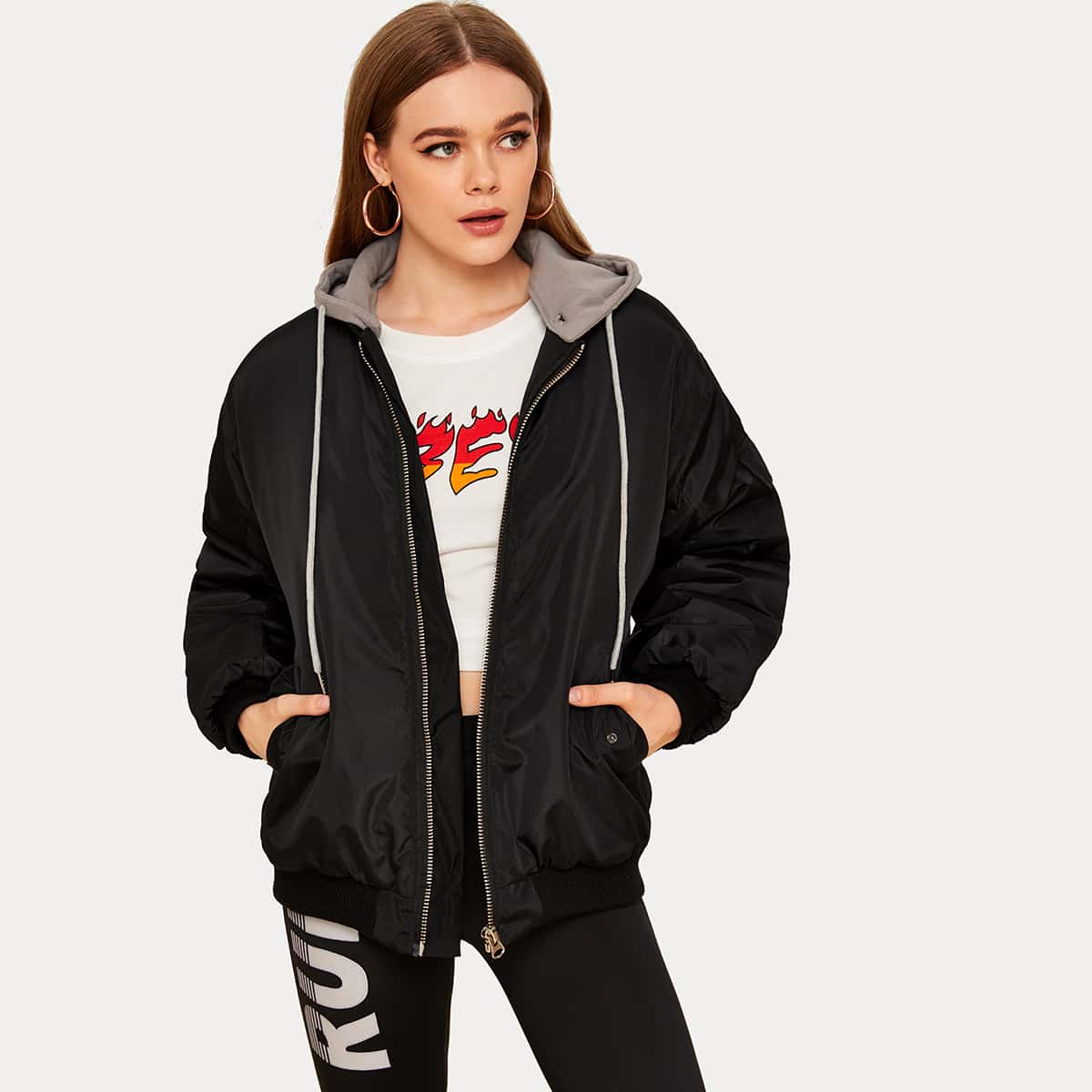 

Ruched Sleeve Zip-up Hooded Puffer Jacket, Black