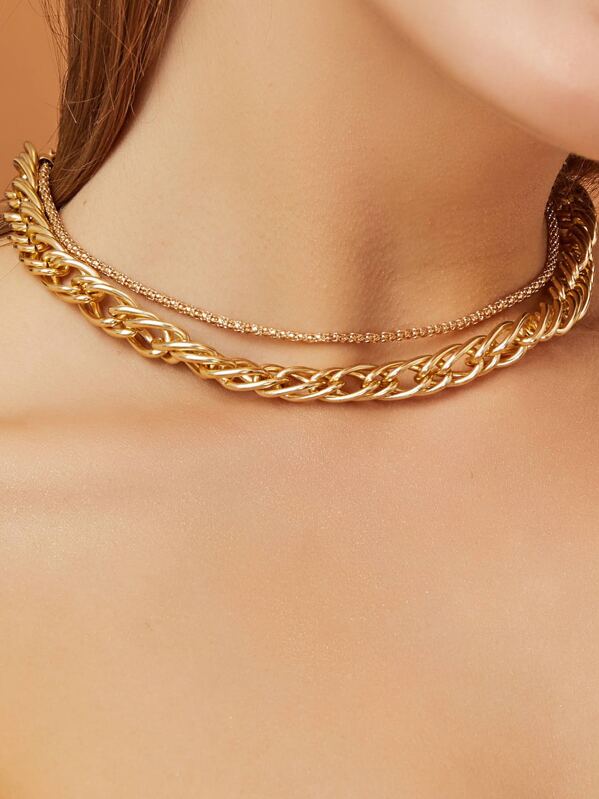 

1pc Texture Thick Chain Layered Choker, Gold