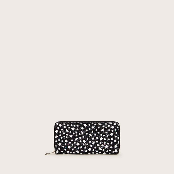 

Glitter Star Zip Around Purse, Black and white