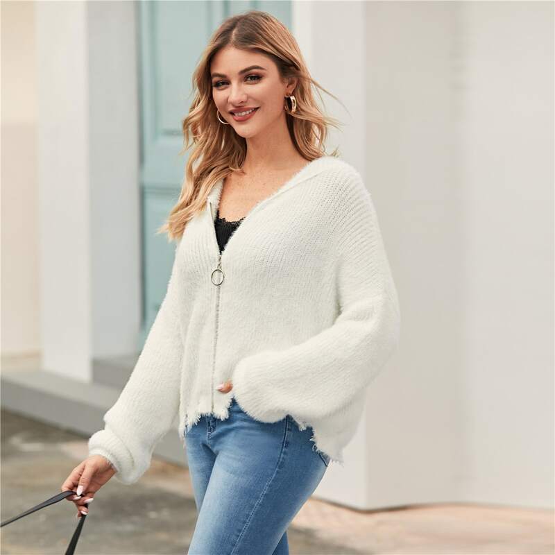 

Frayed Hem Zip Up Hooded Cardigan, White