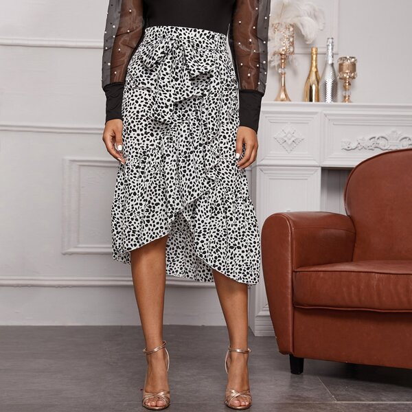 

Cheetah Print Ruffle Trim Belted Skirt, Black and white