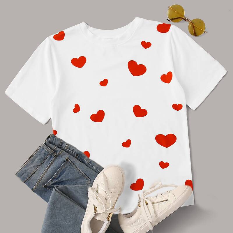

Heart Print Crew Neck Tee, White