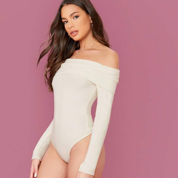 

Off Shoulder Long Sleeve Ribbed Bodysuit, White