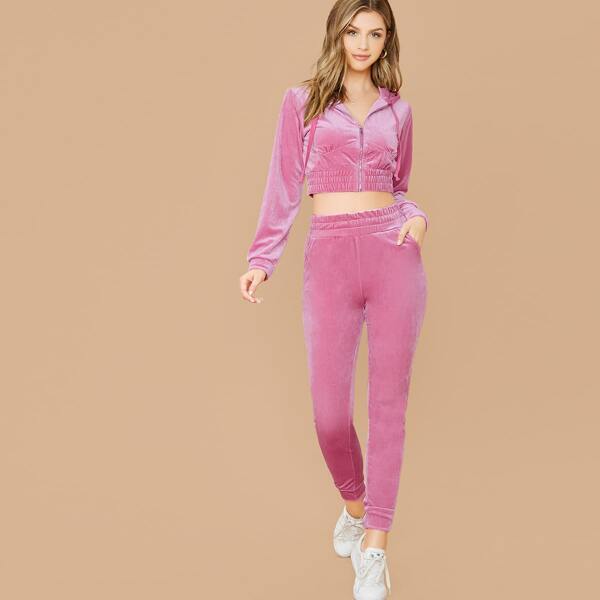 

Zip Front Velvet Crop Jacket And Pants Set, Pink bright