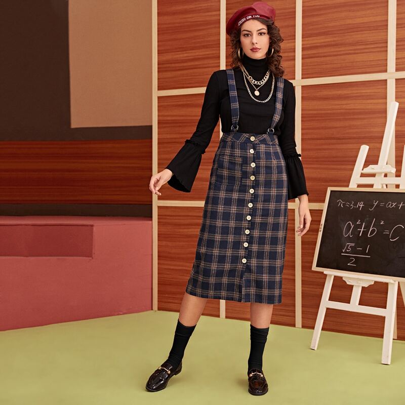 

Button Through Plaid Suspender Skirt, Multicolor