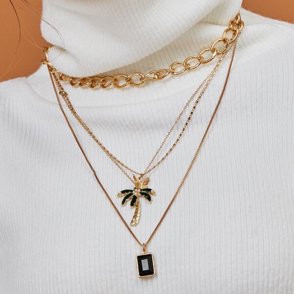 

1pc Tree & Butterfly Pendant Layered Necklace, Multicolor