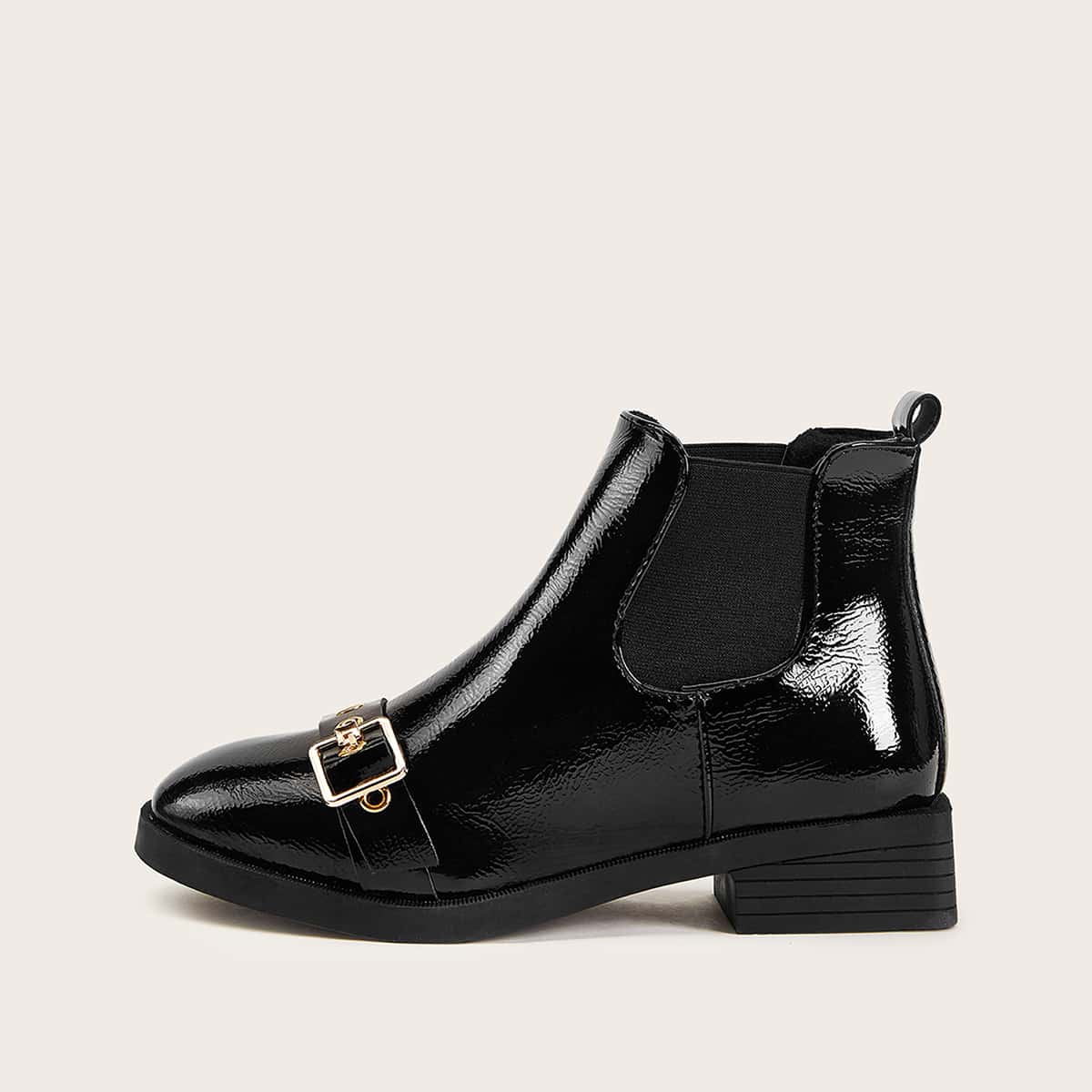 

Buckle Decor Patent Chelsea Boots, Black