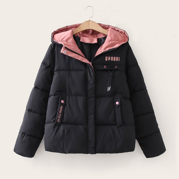 

Letter Graphic Hooded Puffer Coat, Black