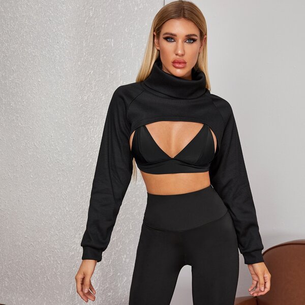 

Funnel Neck Raglan Sleeve Super Crop Top Without Bra, Black