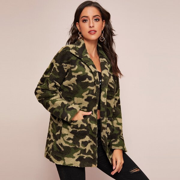 

Patch Pocket Open Front Camo Teddy Coat, Multicolor