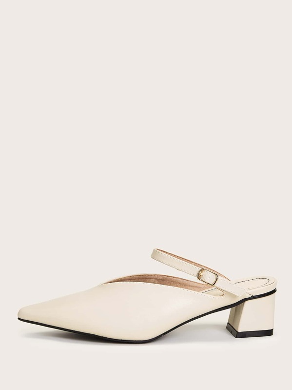 

Point Toe Buckle Strap Chunky Heeled Mules, Beige