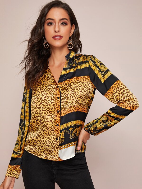 

Button Front Animal Scarf Print Shirt, Multicolor, Mary P.