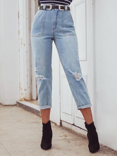 Ripped Pocket Side Mom Jeans