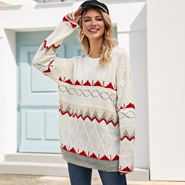 

Geo Print Drop Shoulder Oversized Sweater, White