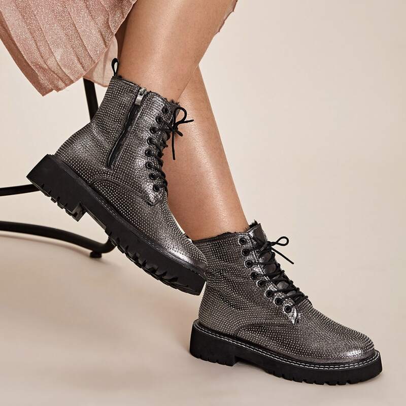 

Rhinestone Decor Side Zip Combat Boots, Silver