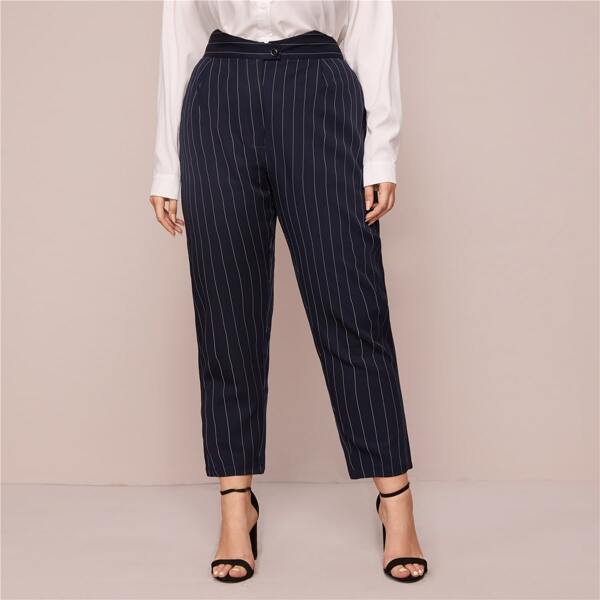 

Plus Button Fly Striped Tapered Pants, Navy