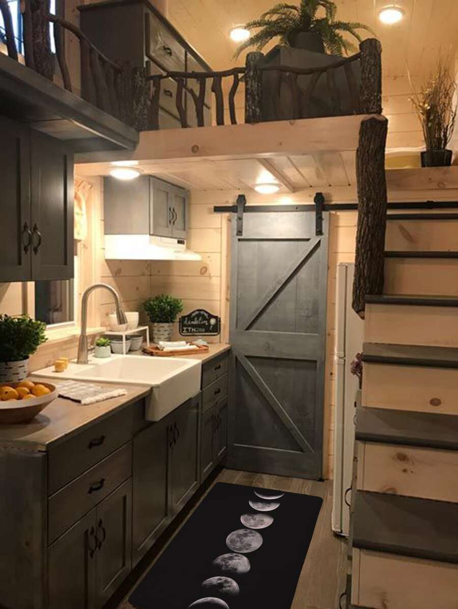 Moon Print Floor Mat - Black - View 1