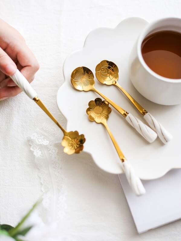 

4pcs Flower Design Ceramic Handle Coffee Spoon