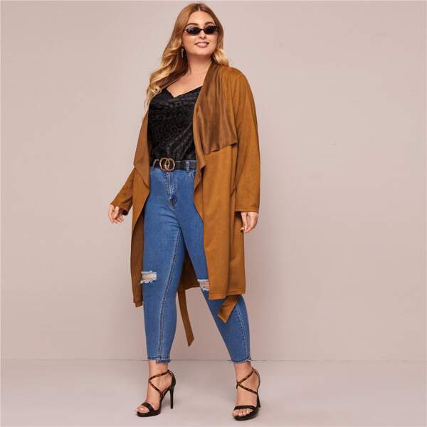 

Plus Waterfall Collar Suede Coat, Brown