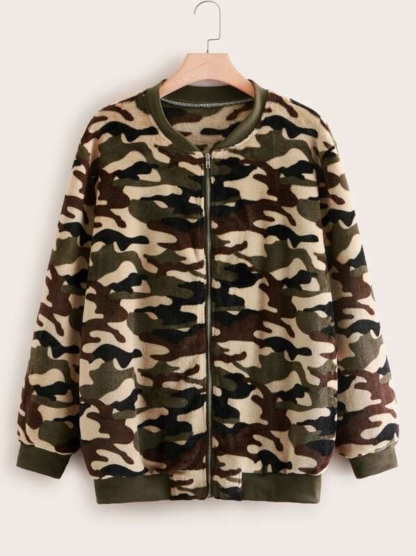 

Plus Camo Print Zip Up Bomber Teddy Jacket, Multicolor