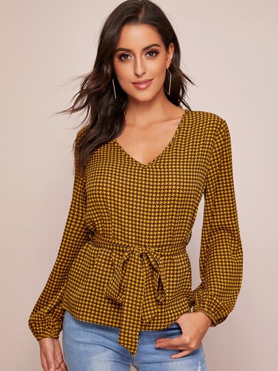 Houndstooth Self Tie V-neck Blouse